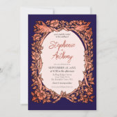 Donker Navy Blauw Koper Wildflower Border Bruiloft Kaart (Voorkant)