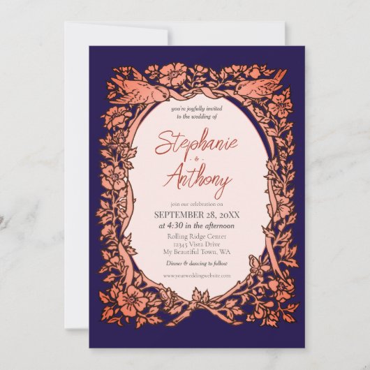 Donker Navy Blauw Koper Wildflower Border Bruiloft Kaart (Voorkant)