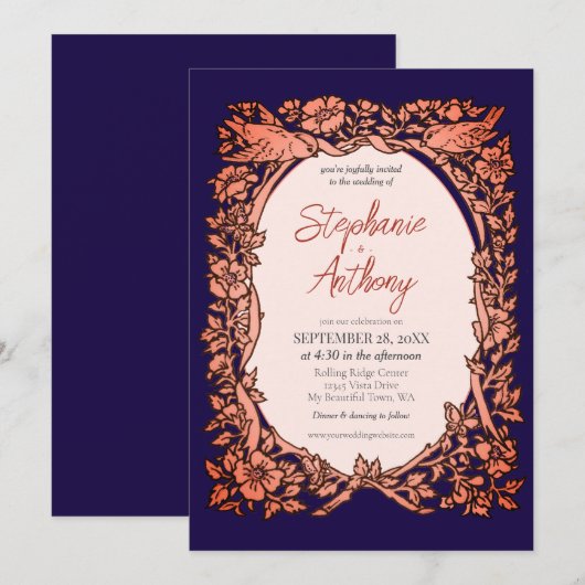 Donker Navy Blauw Koper Wildflower Border Bruiloft Kaart (Voorkant / Achterkant)