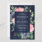 Donker Navy Blauw Roze Bloemen Alles in Een Huweli Kaart (Voorkant)