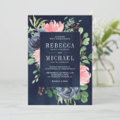 Donker Navy Blauw Roze Bloemen Alles in Een Huweli Kaart (Staand voorkant)