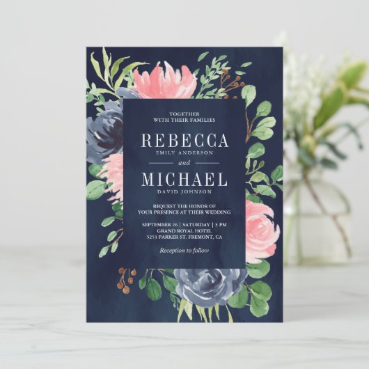 Donker Navy Blauw Roze Bloemen Alles in Een Huweli Kaart (Staand voorkant)