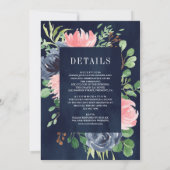 Donker Navy Blauw Roze Bloemen Alles in Een Huweli Kaart (Achterkant)