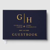 Donker Navy Blauwe Kleur En Gouden Plain Wedding Gastenboek (Voorkant)
