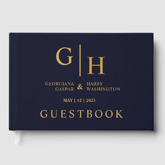 Donker Navy Blauwe Kleur En Gouden Plain Wedding Gastenboek (Voorkant)