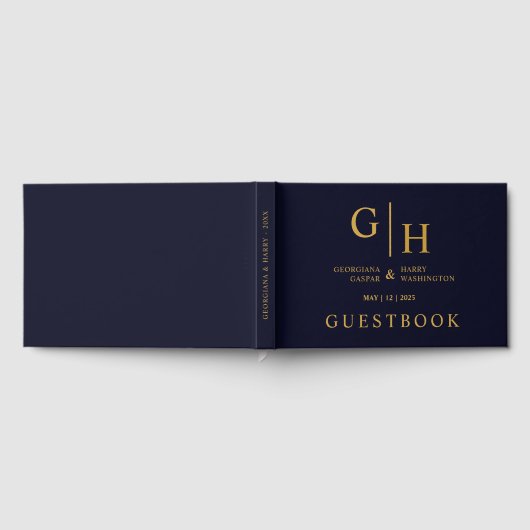 Donker Navy Blauwe Kleur En Gouden Plain Wedding Gastenboek (Volledig)