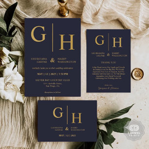 Donker Navy Blauwe Kleur En Gouden Plain Wedding Kaart