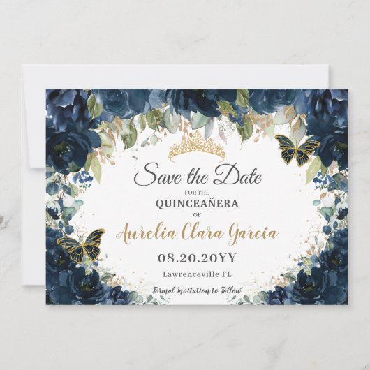 Donker Navy Blue Bloemen Quinceañera Save the Date (Voorkant)
