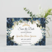 Donker Navy Blue Bloemen Quinceañera Save the Date (Staand voorkant)