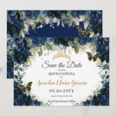 Donker Navy Blue Bloemen Quinceañera Save the Date (Voorkant / Achterkant)