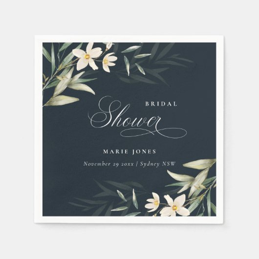 Donker Navy Wit Groene Flora Bruidsboeket Bruiloft Servet (Voorkant)