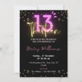 Donker Neon Licht 13e Verjaardag Uitnodiging (Voorkant)