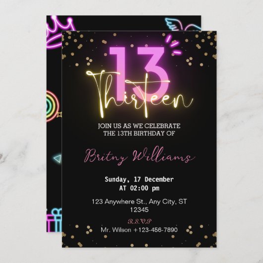 Donker Neon Licht 13e Verjaardag Uitnodiging (Voorkant / Achterkant)