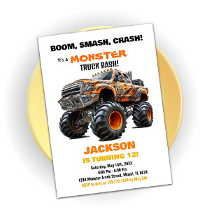 Donker Oranje Monster Truck Verjaardagsuitnodiging Kaart
