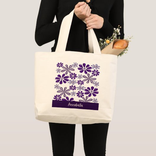 Donker Paarse Bloem Doodle Jouw naam Grote Tote Bag (Voorkant (product))