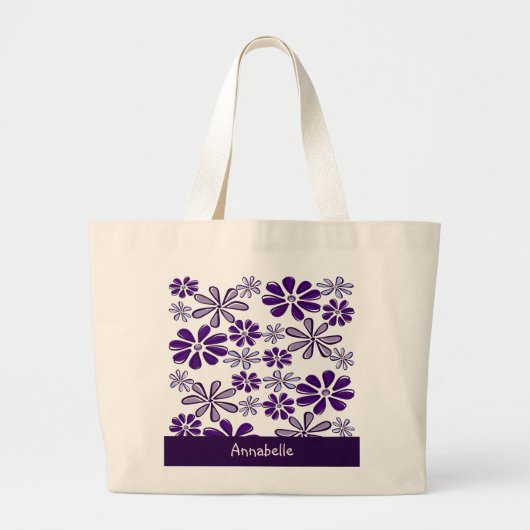 Donker Paarse Bloem Doodle Jouw naam Grote Tote Bag (Voorkant)