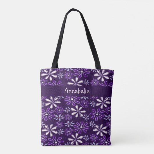 Donker Paarse Bloem Doodle Jouw naam Tote Bag (Achterkant)