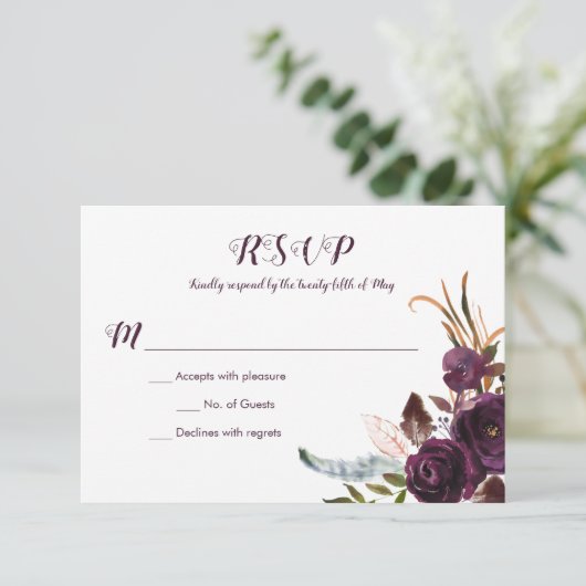 Donker Paarse Bloemen Boho Fall Bruiloft RSVP (Staand voorkant)