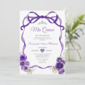 Donker Paarse Bloemen Boog Lint Zilver Mis Quince Kaart (Staand voorkant)