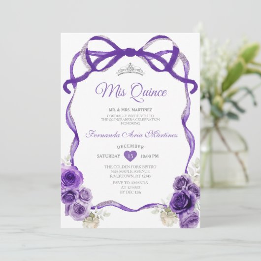 Donker Paarse Bloemen Boog Lint Zilver Mis Quince Kaart (Staand voorkant)