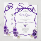 Donker Paarse Bloemen Boog Lint Zilver Mis Quince Kaart (Voorkant / Achterkant)