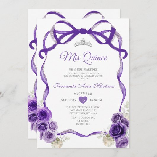 Donker Paarse Bloemen Boog Lint Zilver Mis Quince Kaart (Voorkant / Achterkant)