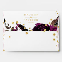 Donker Paarse Bloemen Goud Confetti Bruiloft Monog
