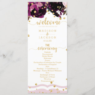 Donker Paarse Bloemen Goud Confetti Trouwprogramma Programmakaart