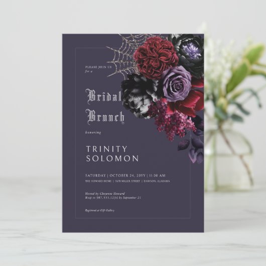 Donker Paarse Bloemen & Zilveren Web Bruidsbrunch Kaart (Staand voorkant)