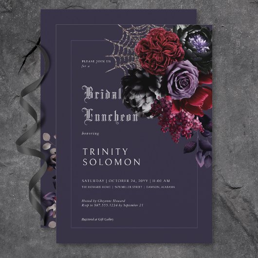 Donker Paarse Bloemen & Zilveren Web Bruidslunch Kaart