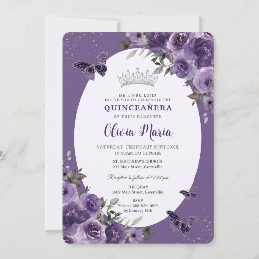 Donker Paarse Bloemenvlinders Silver Quinceañera Kaart (Voorkant)