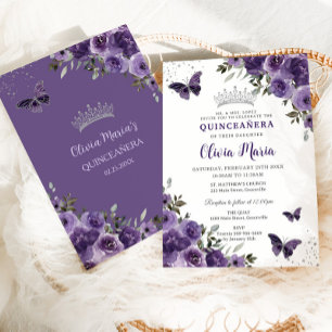 Donker Paarse Bloemenvlinders Silver Quinceañera Kaart