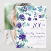 Donker Paarse bloemfoto 100ste verjaardagsfeestje Kaart (Voorkant / Achterkant)