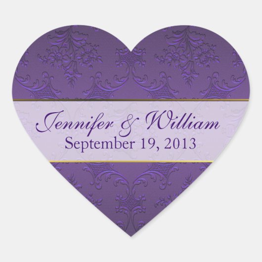 Donker Paarse Damask Heart Custom Wedding Sticker (Voorkant)