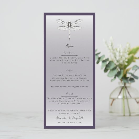 Donker Paarse Dragonfly Wedding Menu (Staand voorkant)