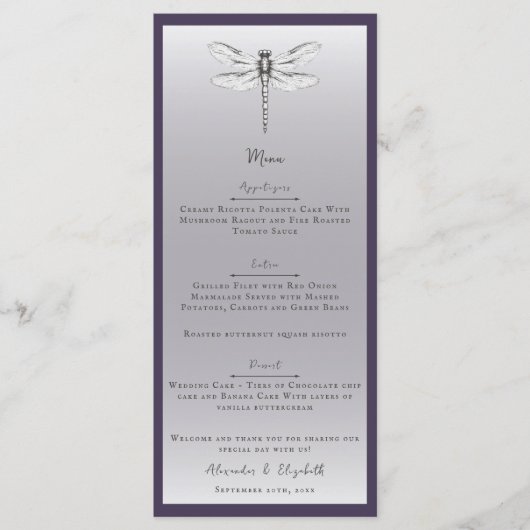 Donker Paarse Dragonfly Wedding Menu (Voorkant)