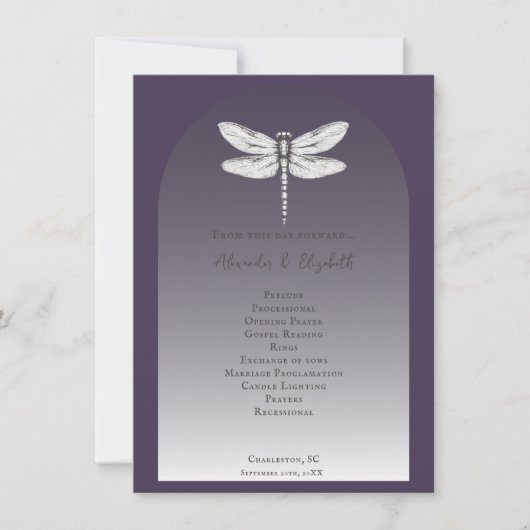 Donker Paarse Dragonfly Wedding Programma (Voorkant)