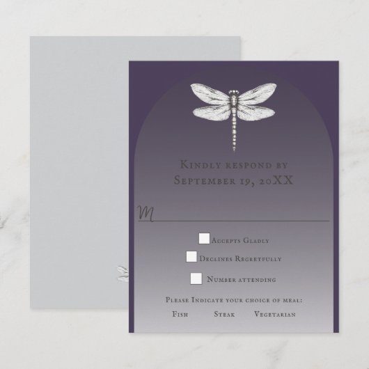Donker Paarse Dragonfly Wedding RSVP Kaartje (Voorkant / Achterkant)