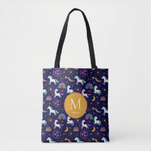 Donker Paarse, Eenhoorns en Regenbogen aangepast Tote Bag
