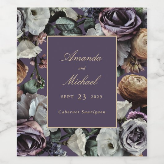 Donker Paarse Elegante Bloemenbruid en bruidegom b Wijn Etiket (Enkel label)