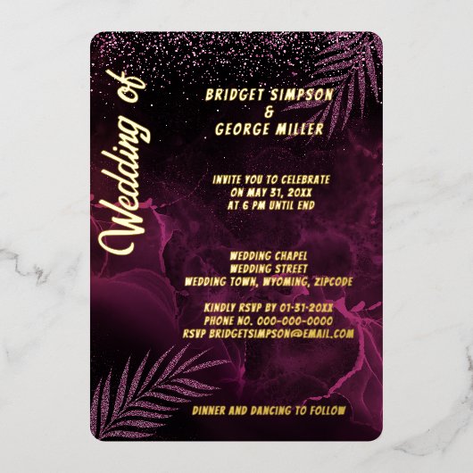 Donker paarse elegante stijlvolle bruiloft folie uitnodiging (Voorkant)