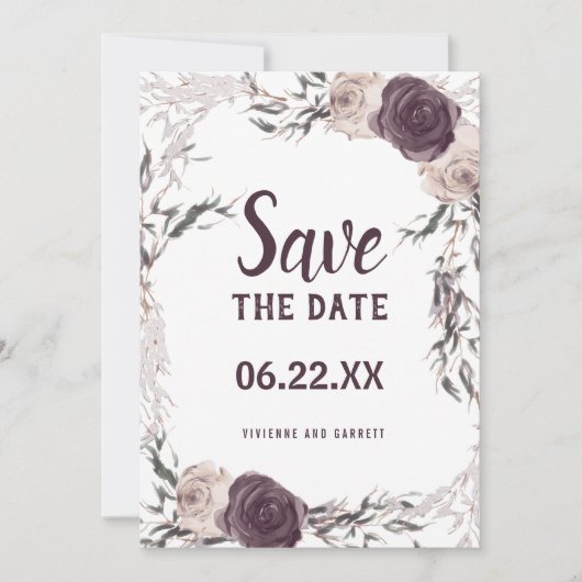 Donker Paarse en Blush Roze Bloemen Bruiloft Save The Date (Voorkant)