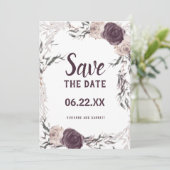 Donker Paarse en Blush Roze Bloemen Bruiloft Save The Date (Staand voorkant)