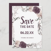 Donker Paarse en Blush Roze Bloemen Bruiloft Save The Date (Voorkant / Achterkant)