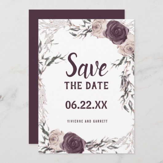 Donker Paarse en Blush Roze Bloemen Bruiloft Save The Date (Voorkant / Achterkant)
