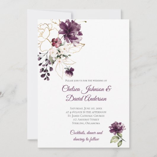 Donker Paarse en gouden bloemenwinter bruiloft Kaart (Voorkant)