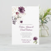 Donker Paarse en gouden bloemenwinter bruiloft Kaart (Staand voorkant)