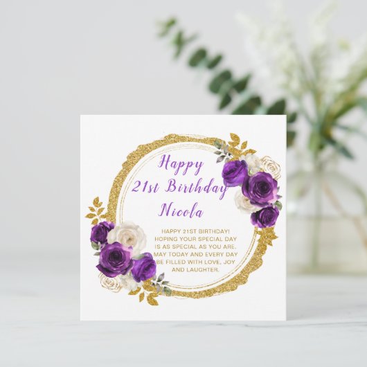 Donker Paarse en gouden elegante bloem verjaardags Kaart (Staand voorkant)