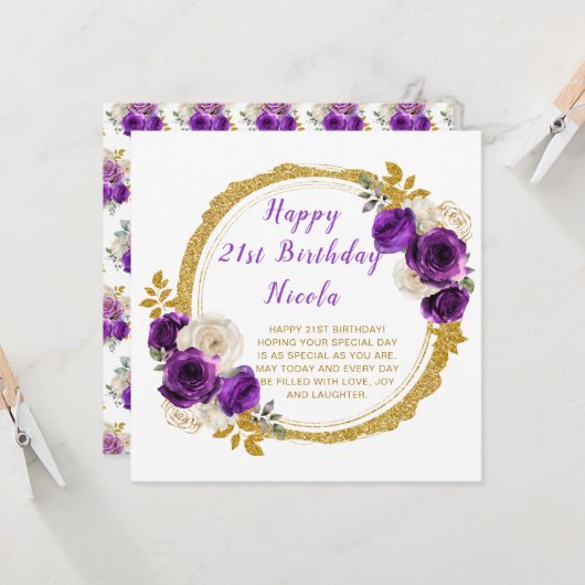 Donker Paarse en gouden elegante bloem verjaardags Kaart (Voorkant / Achterkant in situ)