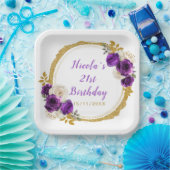 Donker Paarse en gouden elegante bloem verjaardags Papieren Bordje (Feest)